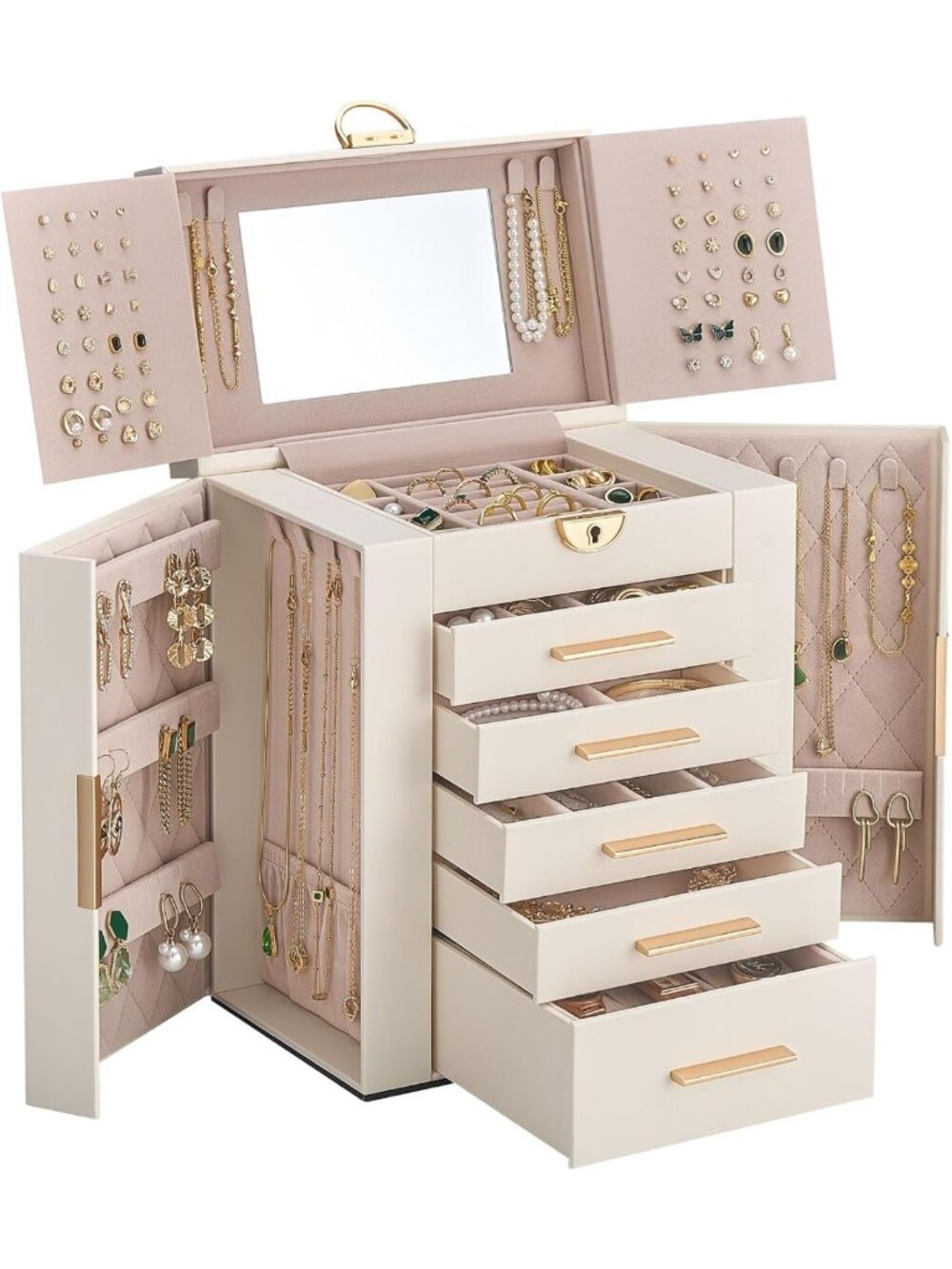 Large 6-Layer Jewelry Organizer Box with 5 Drawers - Elegant Beige Storage